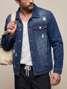 Men's Classic Mid-Wash Blue Denim Trucker Jacket Casual Denim Coat - Blue - View 1