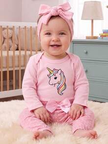 Kit Conjunto Menina Fofo Algodão Body Calça Frufru Meia Estação Faixa Roupinha Moda Bebê Infantil - Longo Unicórnio/ Frufru Rosa/ Faixa - Visão 3