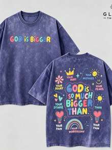GOD IS BIGGER - GOD IS GOOD Aesthetic Jesus Saves T-Shirt Washed, Streetwear Shirt For Men Jesus Apparel Christian, Back To School Outfits Bible Ve - 藏青色 - 查看 1