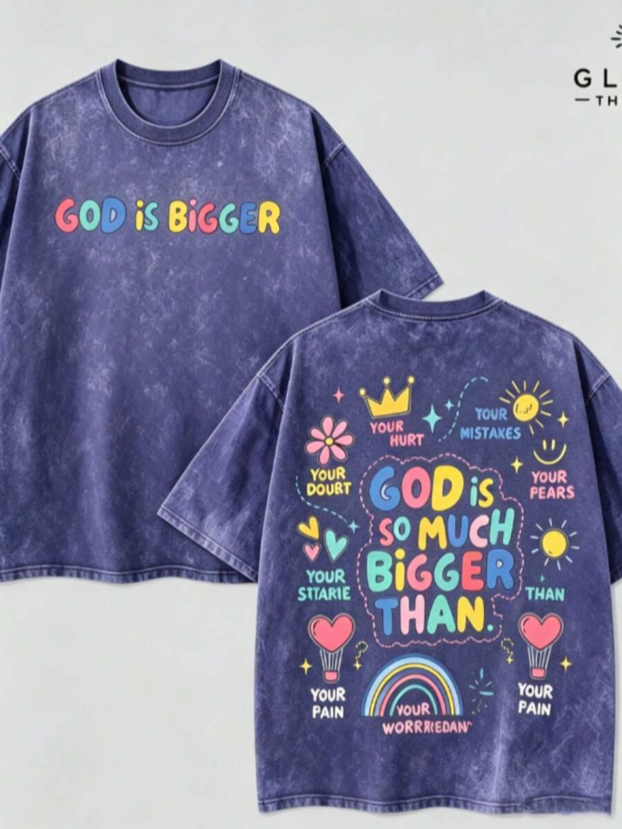 GOD IS BIGGER - GOD IS GOOD Aesthetic Jesus Saves T-Shirt Washed, Streetwear Shirt For Men Jesus Apparel Christian, Back To School Outfits Bible Ve - 藏青色 - 查看 1
