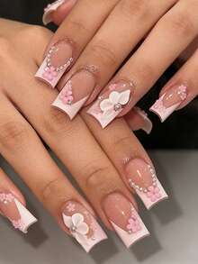 24 Peças Unhas Postiças Quadradas Médias Longas Estilo Francês com Design 3D de Flor Acrílica e Pérola, Brilhantes, Cobertura Total, Falsas, Estilo Fofo e Elegante, Pontas de Unhas para Uso Diário, Festa, Casamento, Presente para Meninas - Multicolorido - Visão 1