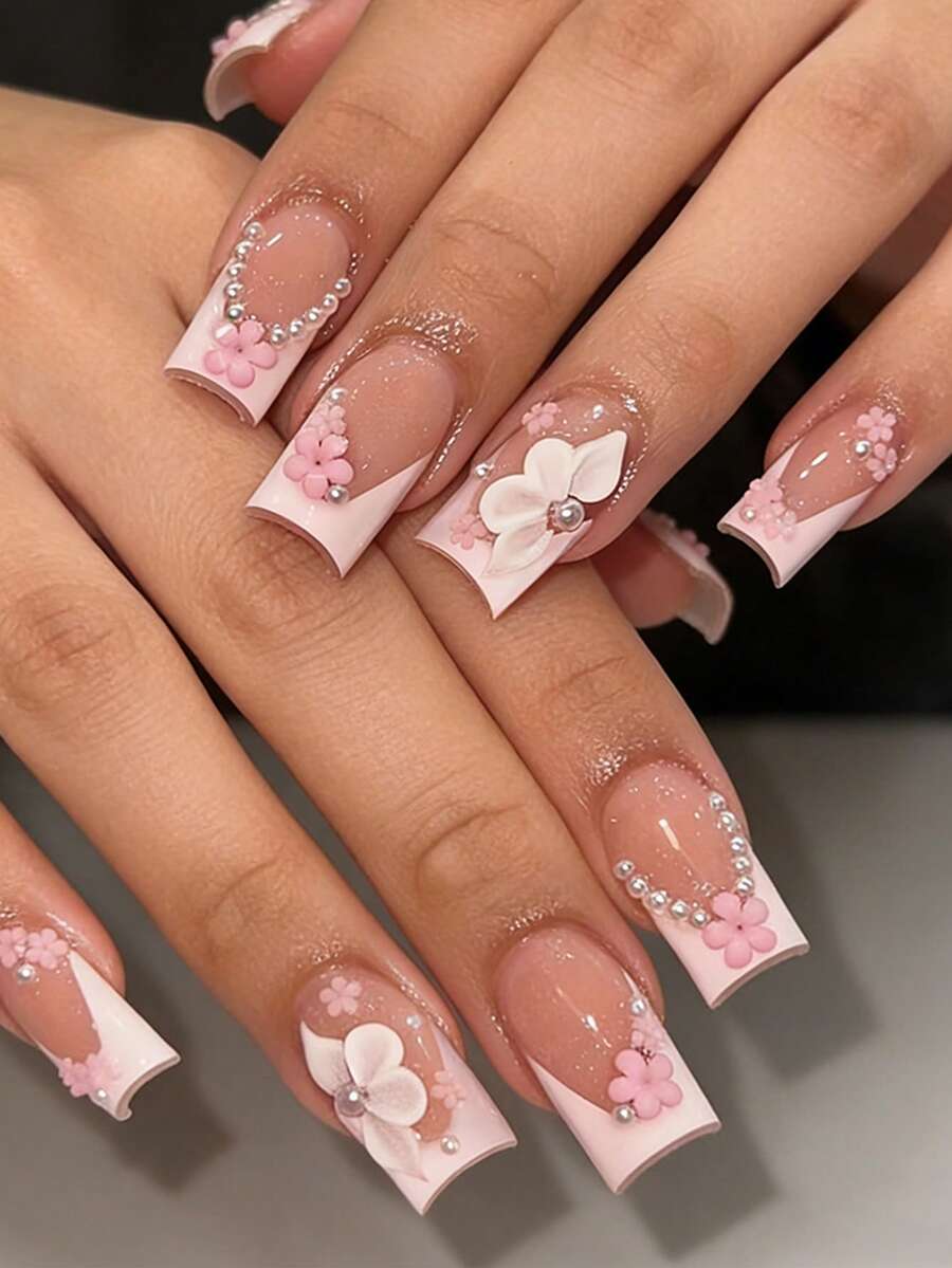 24 Peças Unhas Postiças Quadradas Médias Longas Estilo Francês com Design 3D de Flor Acrílica e Pérola, Brilhantes, Cobertura Total, Falsas, Estilo Fofo e Elegante, Pontas de Unhas para Uso Diário, Festa, Casamento, Presente para Meninas - Multicolorido - Visão 1
