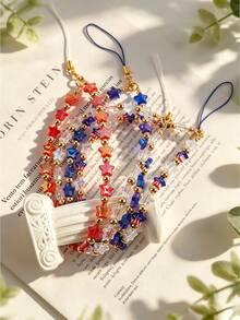 Pulseira Patriótica com Contas, Cordão de Telefone e Pingente de Bolsa com Contas Acrílicas em Estrela Vermelha, Branca e Azul, Pingente de Coração com Bandeira Americana, Dia da Independência - 2864 - Visão 3