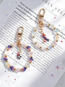 Pulseira Patriótica com Contas, Cordão de Telefone e Pingente de Bolsa com Contas Acrílicas em Estrela Vermelha, Branca e Azul, Pingente de Coração com Bandeira Americana, Dia da Independência - 2864 - Visão 7