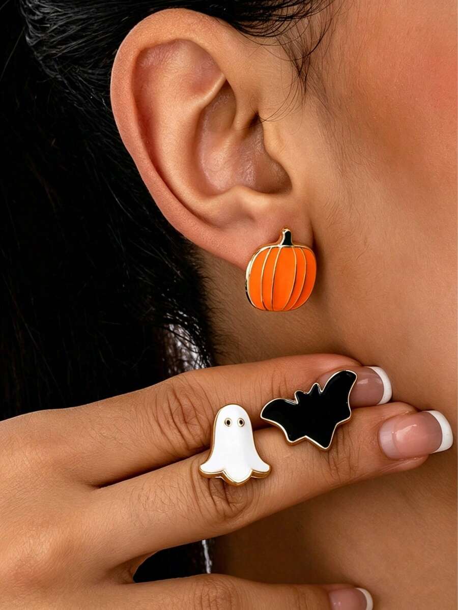 Halloween Earring Set With Cartoon Cute Pumpkin Ghost Bat Earrings - Style 1 - View 1