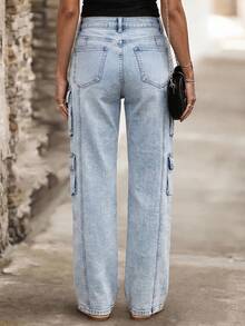Women's Casual Daily Travel Utility Denim Jeans With Pocket And Button - Light Blue - View 6