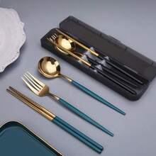 3pcs Spoon Fork Chopsticks Set With Storage Box Stainless Steel Coffee Snacks Fruit Dessert Fork Spoon Kitchen Teaspoon Set - Red - View 1