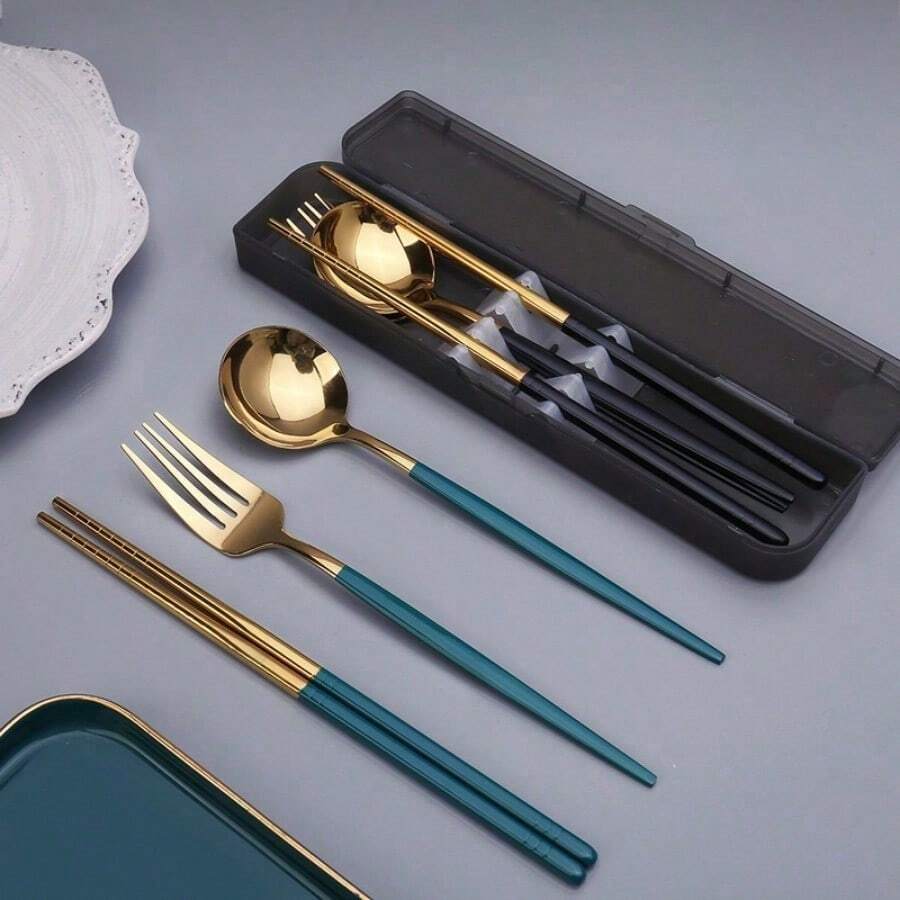 3pcs Spoon Fork Chopsticks Set With Storage Box Stainless Steel Coffee Snacks Fruit Dessert Fork Spoon Kitchen Teaspoon Set - Red - View 1