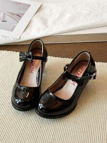 Girls' Black Shiny Bow Mary Jane Shoes | Mid-Heel Single Strap Princess Style - Black - View 6