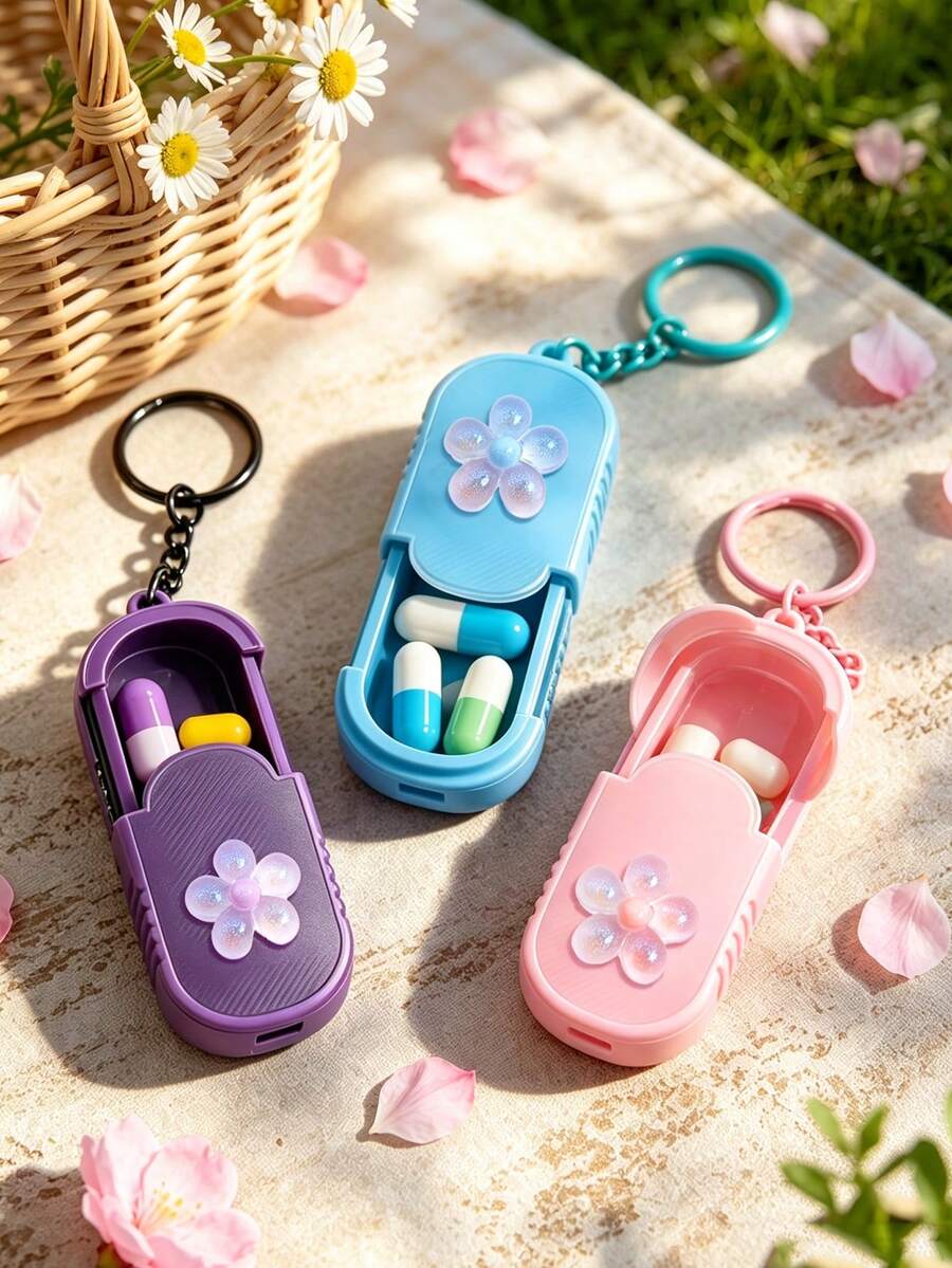 Portable Hanging Storage Box With Flower Decoration, Multi-Function Storage Box Keychain, Suitable For Office Workers Pill Vitamin Storage Box, Handmade Mini Pill Box, Travel Medicine Storage Box, Daily Vitamin Pill Box, Pocket Carry Box, Candy Box, Daily Pill Storage Container, Waterproof Pill Box Daily Medication Organizer, Keychain, Home Essential, Travel Essential, Back To School Gift, Teacher's Day Gift, Family Gift - Multicolor - View 1