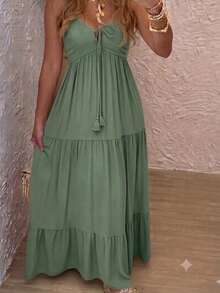 Women's Long Dress, Flowing Style, Sensual Fabric, V-Neck With Front Tie, Elastic Back - Fits Sizes 36 To 40. - 綠鼠尾草 - 查看 1