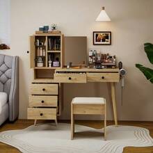 Modernt sminkbord med spegel och förvaringsutrymme; spegeln är infällbar. Utrustat med 5 lådor. - Beige - Visa 5