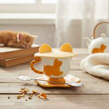 Hand Glazed Embossed Pattern Ceramic Coffee Mug Set Shaped Cup With Tail Handle Paw Print Coaster Silicone Lid Stainless Steel Spoon Novelty Kitchen Tabletop Drinkware - Yellow - View 2