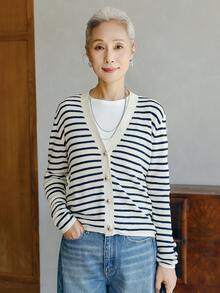 女款時尚海軍藍條紋針織開襟衫，休閒鈕扣上衣，適合萬聖節、感恩節、聖誕節節日穿搭 - 杏色 - 查看 2