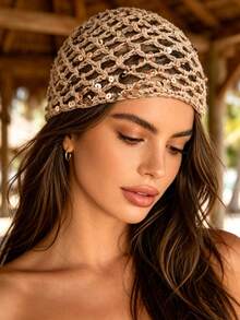 1 buah Topi Rajut Crochet Wanita Tipis Berongga dengan Hiasan Payet untuk Musim Semi/Panas, Cocok untuk Pemakaian Sehari-hari di Luar Ruangan pada Musim Semi/Panas/Gugur, Warna Payet Acak - Payet berbentuk berlian besar - View 2