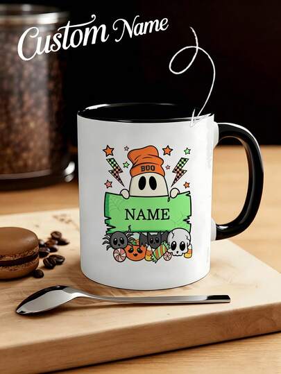 1pc Personalized Name Coffee Mug 11oz, Halloween Gift, Suitable For Family, Colleagues, Friends And Classmates, Applicable For School Parties, Kitchen And Home, Kitchen Accessories, Gift For Men