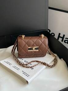 Mini Square New Women's Handbag, Diamond Quilted High-Quality Texture Shoulder Bag, Woven Chain Flap Small Bag, Red Cute Crossbody Bag, Accessory Bag - Coffee - View 8