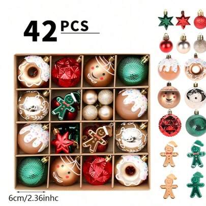 42pcs Christmas Ball Set, Gingerbread Man, Shatterproof Painted Donut Shaped Christmas Balls, Christmas Tree Hanging Ornaments, Christmas Decoration Ball Pendants, Suitable For Home Decor And Winter Celebrations, Holiday Parties, Christmas Parties