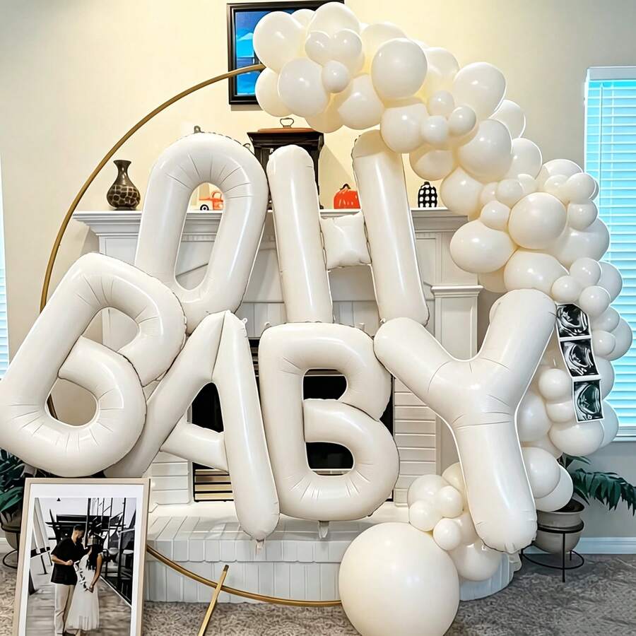 1 Set Cream Beige OH BABY Letter Foil Balloon Banner, Bohemian Baby Shower, Gender Reveal Party Decor, Newborn Welcome Photo Backdrop Decoration Balloons - View 1