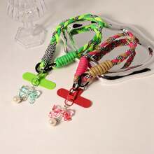 Bowknot Pearl Pendant Wrist Strap, Durable, Color-Blocked, Short Style, Unisex, Colorful Phone Woven Lanyard, Universal Pendant Chain, Short Cord, Sturdy, Perfect For Travel, Anti-Lost Gadget, Frees Your Hands - Multicolor - View 3