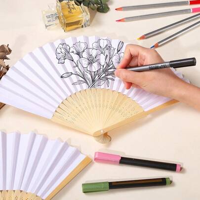 1-50pcs White Paper Fans, White Bamboo Folding Fans, Handheld Fans, Paper Folding Fans, DIY Portable Bamboo Fans, Birthday Party Decoration Fans, DIY Portable Chinese Style Bamboo Fans, Decorative Folding Fans