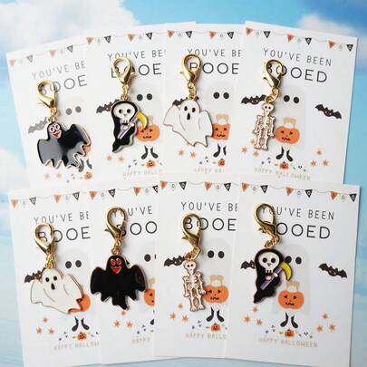 12pcs Flat 2D "Halloween Hug" Halloween Greeting Cards With Funny Ghosts And Skeletons, Halloween Series Keychain Pendants, Suitable For Decorating Bag Accessories, Can Be Given As Good Luck Gifts To Family And Friends On Halloween, Christmas, New Year, Birthday