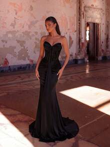 ADYCE Elegantes schwarzes Bandeau-Top mit plissierter Spitze, Fischgräten-Design, hoher Taille, Schlitz hinten, Bindeband und Fishtail-Saum, bodenlanges Kleid für Abschlussball, Geburtstagsparty, Abend, Herbst - Schwarz - Übersicht 7