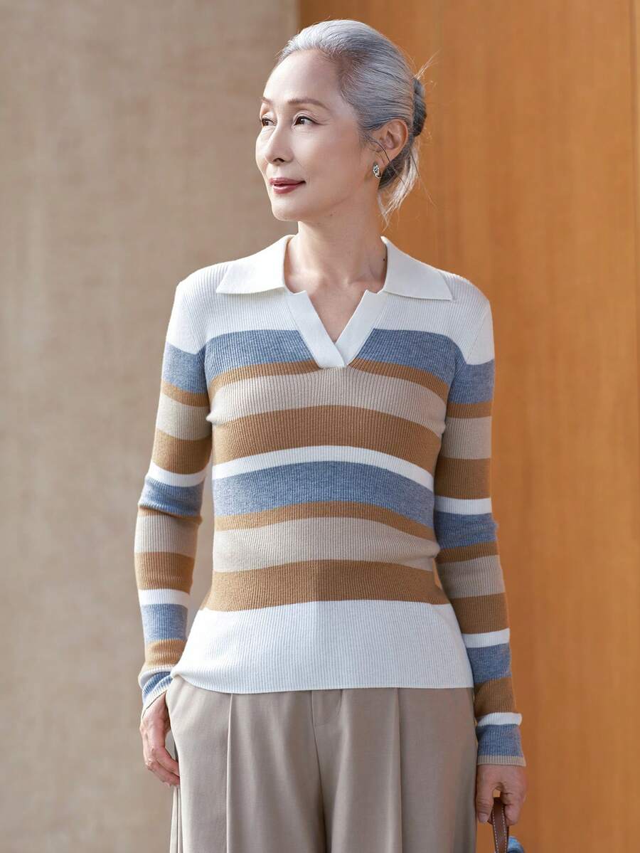 女款時尚條紋 Polo 針織上衣,柔軟羊毛混紡毛衣,適合萬聖節、感恩節、聖誕節假期穿搭 - 駝色 - 查看 1