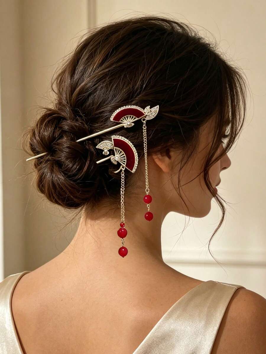 2pcs Burgundy Velvet Fan Rhinestone Tassel Hair Stick, Elegant Chinese Style Hair Jewelry For Wedding Party Daily Vacation - Multicolor - View 1