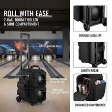 Dual Ball Rolling Carrier 31x12x17in For Bowling Alley Tournament Practice, Padded Compartment Shoe Pocket Retractable Handle Heavy Duty Wheels 600D Fabric 2-Ball Capacity Accessory Storage Adjustable Pull Bar-XY102762 - Multicolor - View 2
