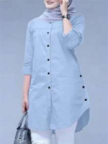 Women's Solid Color Cuffed Sleeve Single-Breasted Casual Shirt, 2026 New Arrival Spring Fall - Blue - View 1