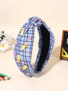 1pc Back To School Knotted Headbands,Gingham Stripe Apple Pencil Pearl Decor Hair Band ,Teen Hair Accessories For First Day Of School,School Supplies - Multicolor - View 4