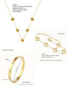 VceTd 3/4 piezas Elegante conjunto de joyería de acero inoxidable con decoración de trébol para mujeres, adecuado para uso diario o como regalo - Amarillo Oro - Ver 11
