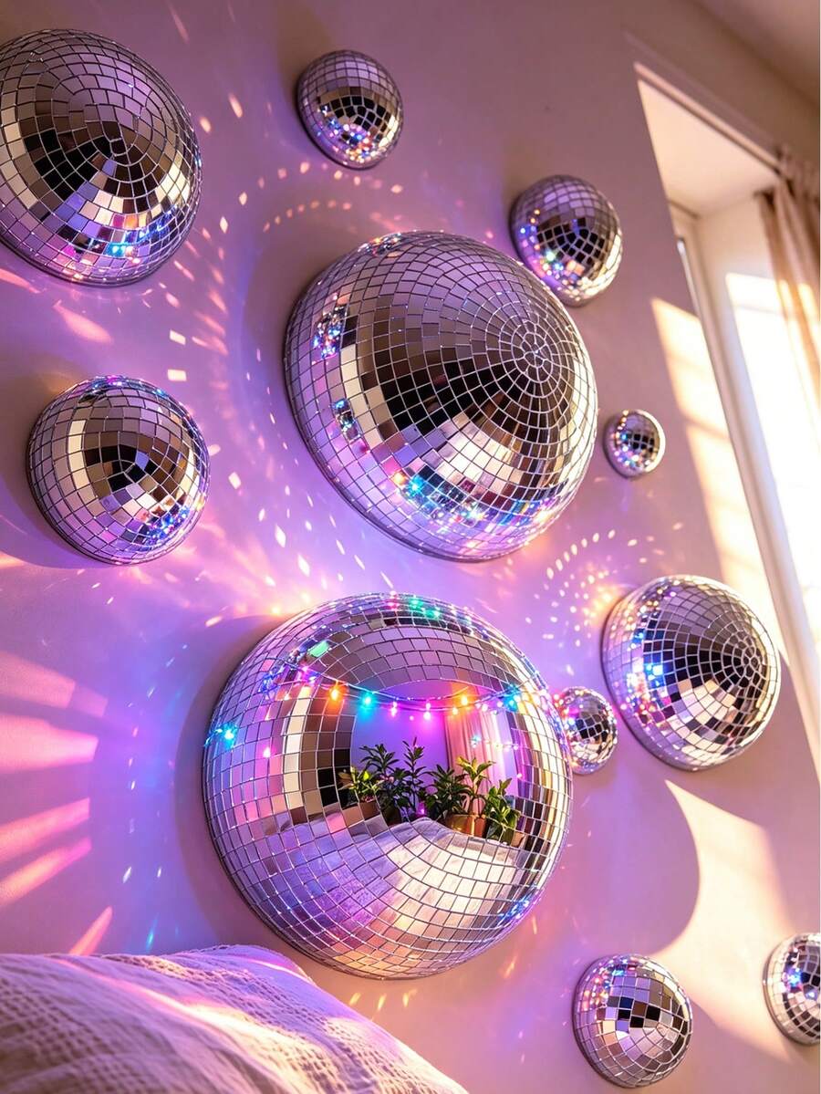 Disco Ball Wall Decor, Hemispherical Reflective Mirror Wall Art, Self-Adhesive Silver Mirror Disco Ball Set, Living Room Balcony Sunlight Refraction Decoration, Shiny Personalized Party Decor, Suitable For Home Bedroom Birthday, Silver