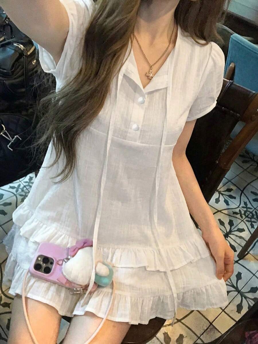 Gaun Mini Musim Panas Manis dengan Hiasan Ruffle dan Tali Leher untuk Wanita Bertubuh Mungil, Warna Putih Elegan - Putih - View 1