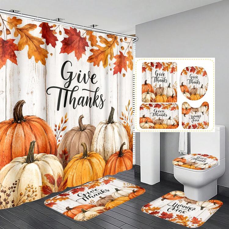 1pc/4pcs Pumpkin & Maple Leaf Pattern Multifunctional Bathroom Decor Shower Curtain Set, Free 12 Hooks, Premium Holiday Atmosphere, Bathroom Mat, U-Shaped Rug And Round Toilet Lid Cover, Suitable For All Occasions, Bathroom Set - Pumpkin Maple Leaf - View 4