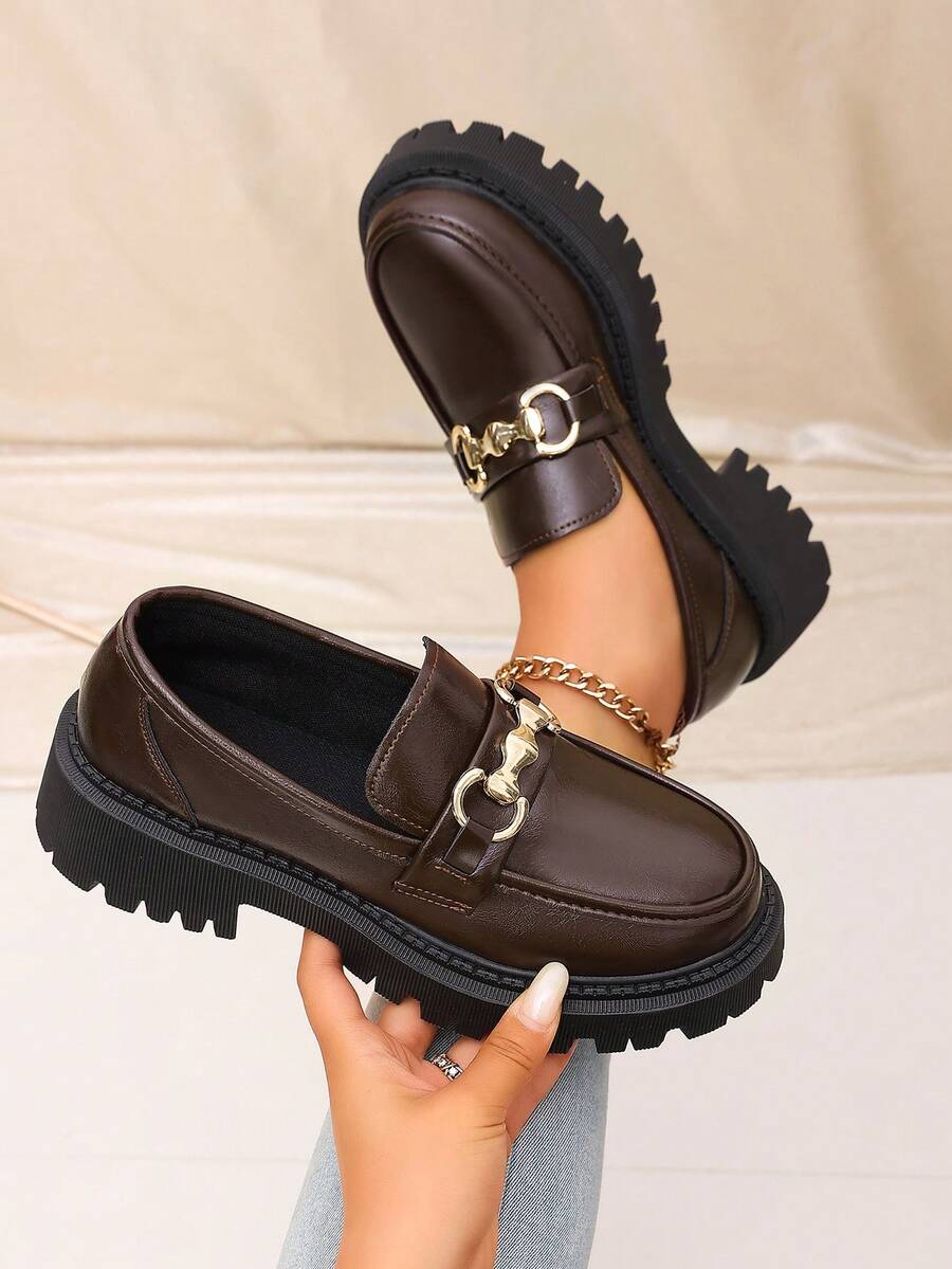 Brown Metal Horsebit Chunky Loafers - Retro Vintage Platform Slip-Ons With Lug Sole For Autumn Outfits, Library & Date - Brown - View 1