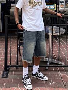 Men's Summer Vintage Distressed Frayed Denim Shorts, Loose Straight Leg Streetwear VersatileBermuda Shorts - Medium Wash - View 3