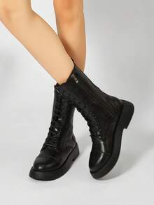 Women's Lace-Up Side Zipper Boots, Thick Sole Motorcycle Boots, Flat Mid-Calf Boots - Black - View 3
