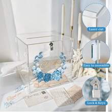 Caixa de Cartão de Acrílico Transparente com Guirlanda Semicircular Floral Azul, Caixa de Cartão de Casamento de Acrílico Transparente com Cadeado e Caixa de Assinatura de Bênção, Caixa de Armazenamento de Cartão com Folha de Ouro Rosa Azul, Caixa de Dinheiro Viral para Festa de Casamento, Aniversário e Celebração, Caixa de Coleção de Cartões de Saudação Estilo INS de Alta Qualidade, Ornamento de Decoração para Festa de Noivado, Caixa de Dinheiro Transparente, Design Floral Azul Sonhador - Transparente - Visão 6