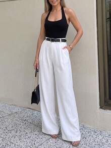 Wide Leg Pants Minimalist Commuter Style Old Money Aesthetic High Waist Pleated White Summer - White - View 5