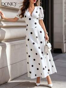 DONICY Damen Sommer Polka Dot Midi Kleid - Weißes V-Ausschnitt Puffärmel A-Linien Kleid, für Urlaub, Brunch & elegante Anlässe - Weiss - Übersicht 7
