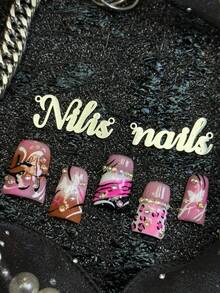 10pcs Handmade Fully Covered Short Duck Nails Press On Nails, Pink Nails, Y2K Sweet Cool Girl Style,3D Stars, Hand Drawn Zebra Pattern Geometric Lines Suitable For Party, Daily, Cosplay,Detachable And Reusable, With Nail Glue Sticker And Nail File - Pink - View 7