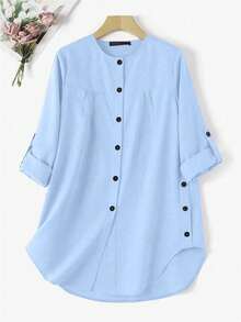 Women's Solid Color Cuffed Sleeve Single-Breasted Casual Shirt, 2026 New Arrival Spring Fall - Blue - View 6