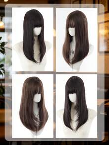 Long Straight Layered Synthetic Wig Brown/Black With Bangs, Natural Hair Texture, Heat-Resistant Fiber, Women's Cosplay Daily Wear - Multicolor - View 2