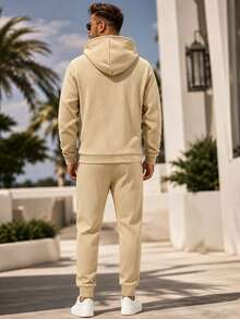 Men's Solid Textured Hoodie Jogger Set, Contrast Striped Drawstring Pullover Hoodie & Cuffed Jogger Pants, 2-Piece Autumn Sports Casual Outfit - Apricot - View 3
