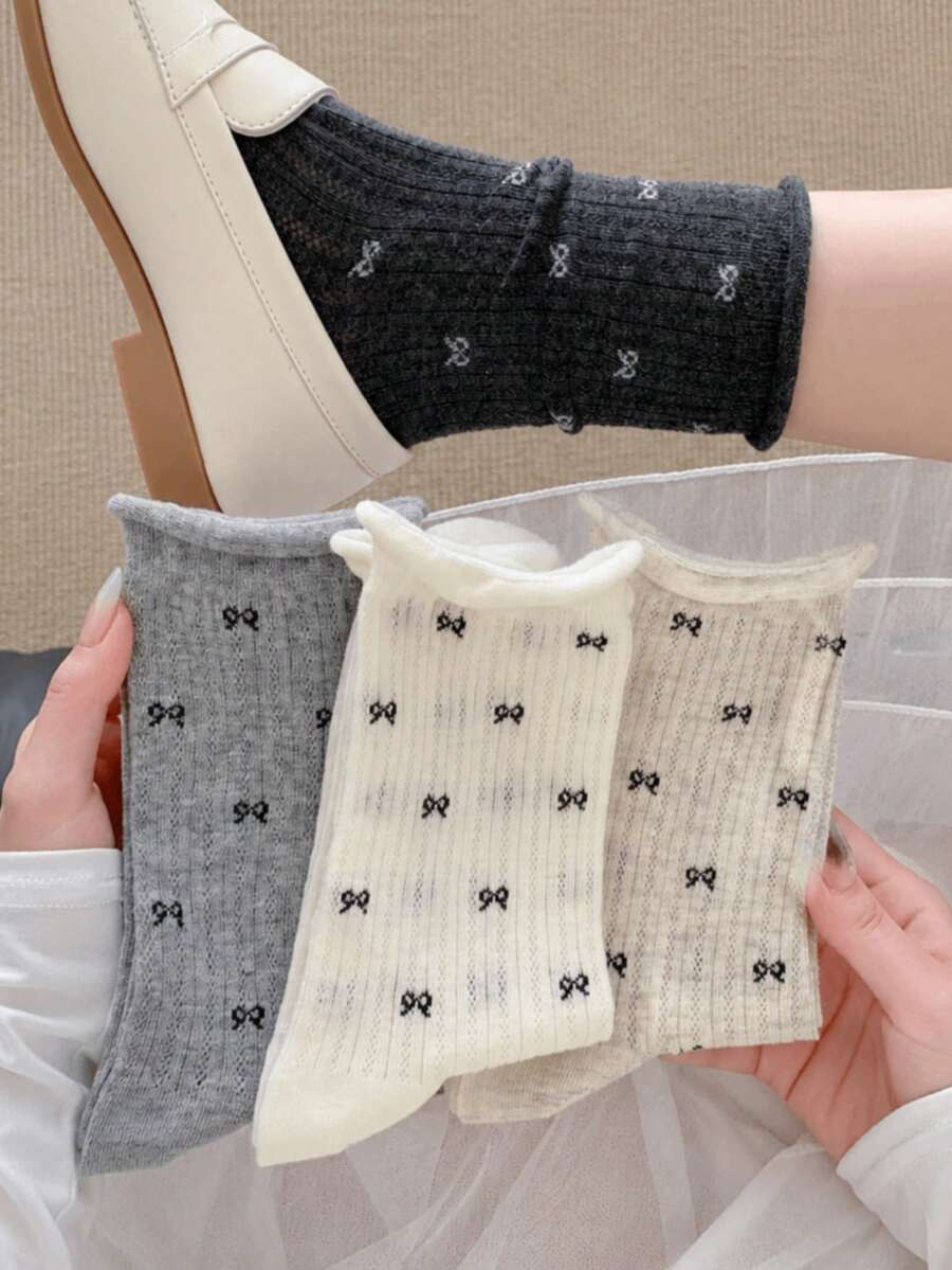 3雙女款夏季薄款蝴蝶結波點網眼透氣捲邊中筒襪,韓系風格 - 彩色 - 查看 1