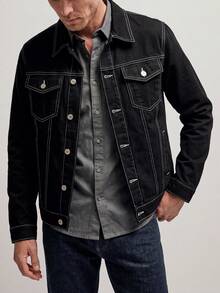 Men's Black Contrast White Stitching Denim Trucker Jacket Casual Denim Coat - Black - View 6