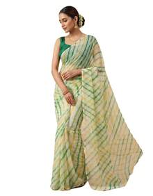 Estationeryhouse Chiffon Saree With Coloured Stripes With Unstitched Blouse - Green - View 3