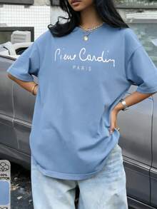 2026 Summer Women's Custom Loose-Fit Light Blue Cotton Top, White Handwritten Letter Print On Front, Light Luxury Style - Light Blue - View 8